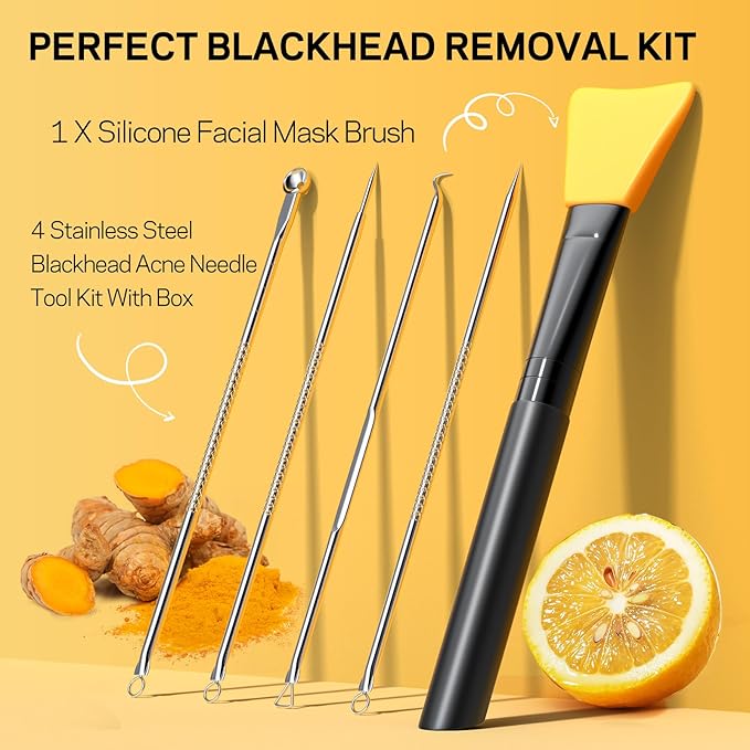 AMOADO Blackhead Remover Mask, Peel Off Face Mask with Vitamin C & Turmeric for Men and Women–Deep Cleansing Nose Facial Mask for Blackheads, Pores & Oil Control with Pimple Extractor and Brush