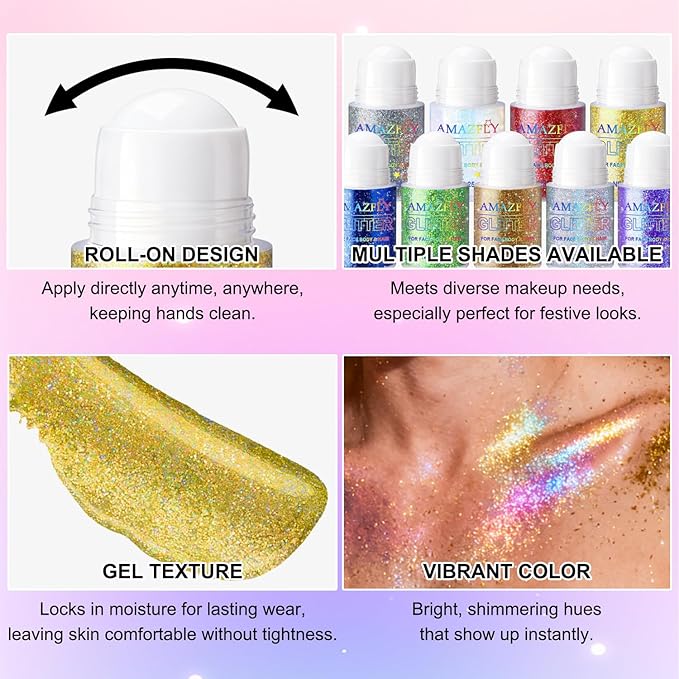 Roll-on Holographic Glitter Gel for Face & Hair, Sparkling Pink Shimmer Makeup, Color Changing Body Glitter for Festivals, Parties & Halloween,Chunky Mermaid Sequins Body Shimmer for Women(Laser Gold)