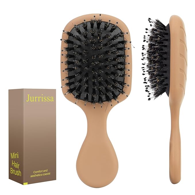 Mini Boar Bristles Hair Bursh, Travel Size Hair Brush for Women Men Kids, Protable Small Hair Brush for Pockets Purses, Mini Detangler Brush for Smooth Add Shine(Mocha)