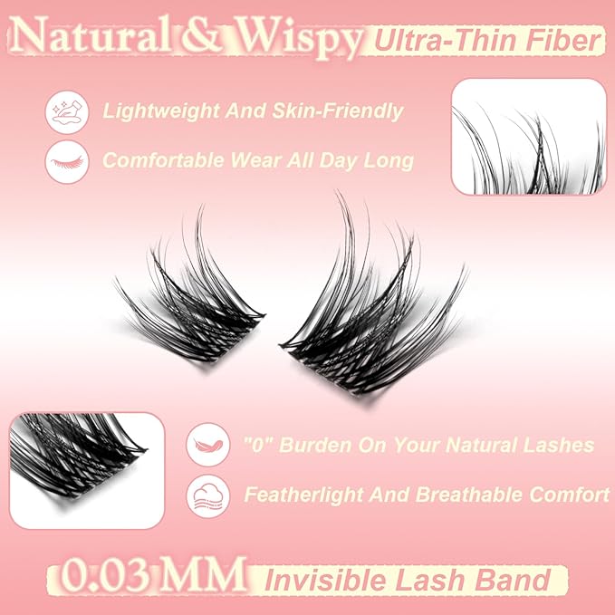 Natural Lash Clusters Wispy Filt DIY Lash Extension 8-16mm Eyelash Clusters D Curl Individual Eye Lashes Natural Look Invisible Band LuxeBold Eyelashes Cluster Eyelash Extensions Clear Band