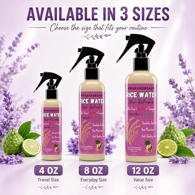 NEW Fermented Rice Water for Hair Growth - Infused with Rosemary, Biotin, Caffeine, Keratin Vegan Non-Greasy Spray Naturally Thicker, Longer, Softer Men & Women (8 OUNCES, Lavender Bergamot)