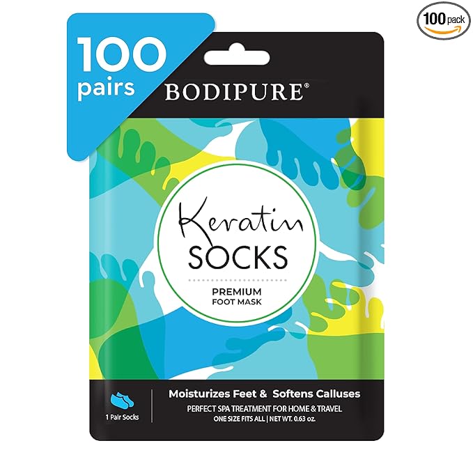 Bodipure Premium Foot Mask Keratin Socks | At Home Spa Moisturizer Socks for Dry Cracked Feet, Callus & Heel Softening | Easy-to-Use Pedicure Foot Repair | Chemical-free Feet Treatment | 100 Pairs