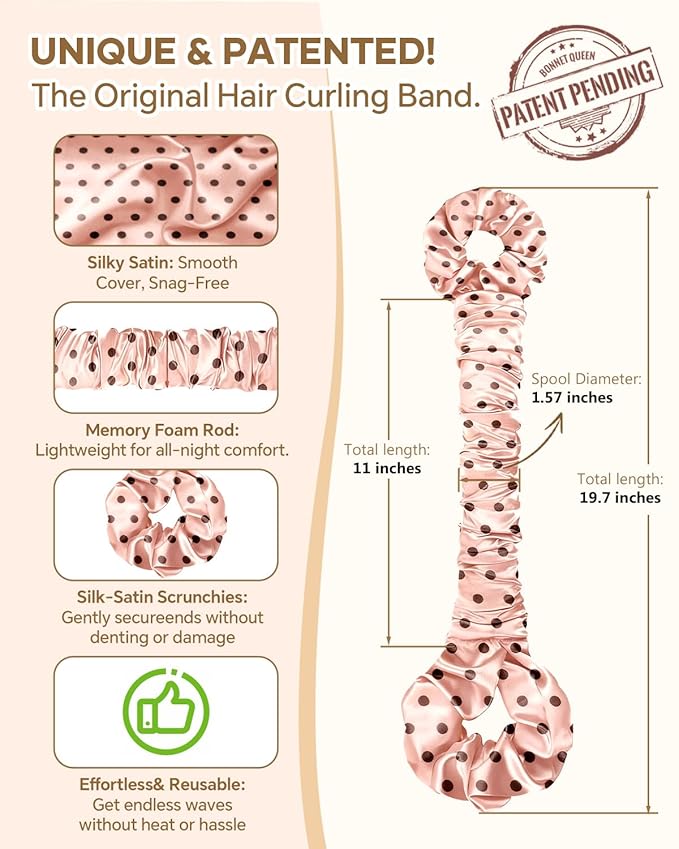 BONNET QUEEN Satin Heatless Hair Curler, Overnight Curls for Long Hair, Ultra Soft Daily Use of Hair Accessories & 2 Scrunchies, Damage-Free Styling, Soft Hair Curlers for Overnight, Pink