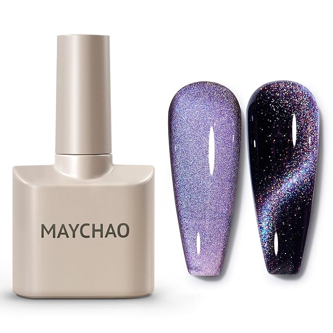 MAYCHAO 15ML Cat Eye Gel Nail Polish 1Pc Rainbow Purple Gel Polish with Magnet Soak off Holographic Magnetic Nail Polish for Nail Art Manicure Salon DIY at Home, 0.5 OZ