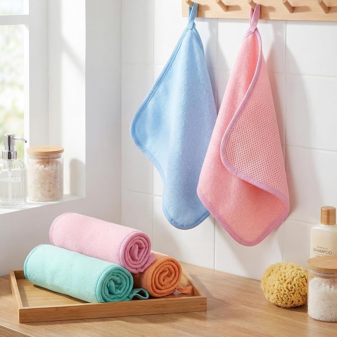 Tatuo 5 Pcs Exfoliating Face and Body Wash Cloths Towel Weave Bath Exfoliating Scrub Massage Bath Cloth for Women and Men, 10.23 x 8.66 Inch(Blue, Green, Yellow, Pink, Skin Tone)