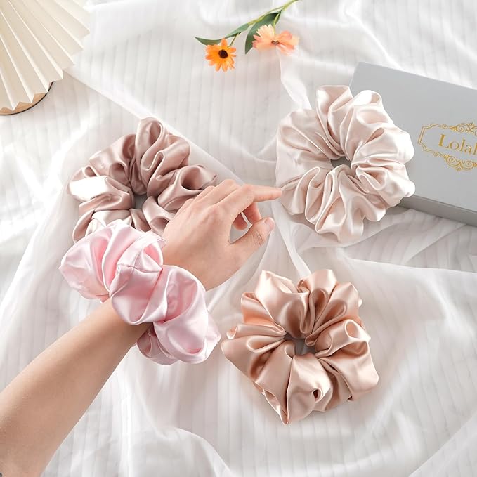 Lolalet Big Satin Scrunchies for Women, 5.9 Inch Large Oversized Scrunchie, Soft Jumbo/Giant Scrunchies Hair Ties for Thick & Curly Hair -4 Pack, Light Caramel/Champagne/Pink/Khaki