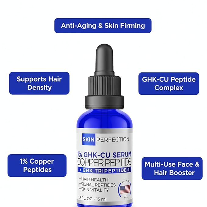Skin Perfection Copper Peptide Serum GHK-CU 1% for Face & Hair Copper Peptides for Skin, Hair, & Scalp - 1% Blue Liquid for Face, Neck, Body, Scalp Multi-Use Serum Booster with Dropper 0.5 fl oz