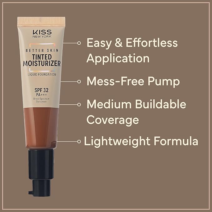 KISS NEW YORK Tinted Moisturizer with SPF 32 PA+++ (Caramel) 12 Hour Hydrating Sunscreen for Face, No White Cast for Dark Skin Tone, Natural Finish, Medium Coverage with Hyaluronic Acid, Vitamin E