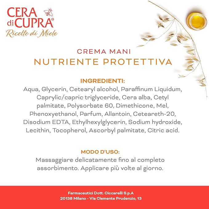 CERA DI CUPRA Hand Cream with Beeswax - Nourishing Hand Moisturizer for Dry Hands, Anti-Aging Formula, Dermatologically Tested - Personal Care