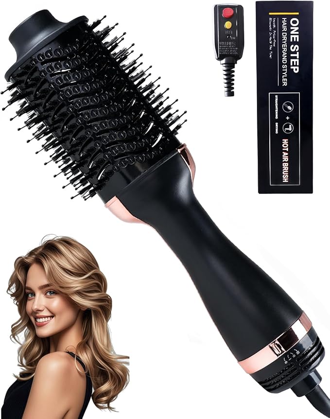 4-in-1 Hair Dryer Brush, Ionic Ceramic Titanium Hot Air Styler with ALCI Safety Plug, 3 Heat Settings for Frizz-Free Blowouts, Salon Volumizer and Straightener (Rose Gold)