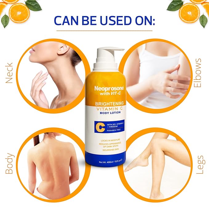 Neoprosone Brightening Body Lotion - 13.5 Fl Oz / 400ml - Formulated to Fade Dark Spots on Elbows, Knees, Neck, Body, and Intimate Parts, with Tyrostat, Shea Butter, Vitamin C, Vitamin E