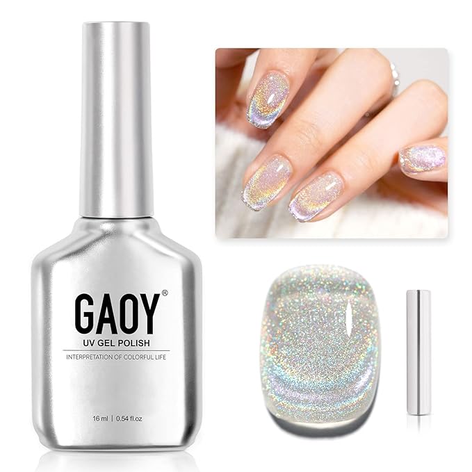 GAOY Cat Eye Gel Nail Polish, Glitter Holographic Nail Polish with Magnet, 16ml Reflective Translucent UV Gel, 1394 Silver Rainbow