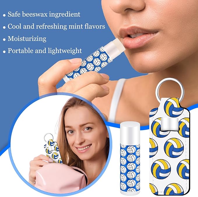 18 Sets Volleyball Party Favors Lip Balm and Lipstick Holder Keychain Bulk Tri-color Volleyball Goodie Bags Stuffers Sport Team Gifts Natural Moisturizing for Sport Lover Player Party Supplies