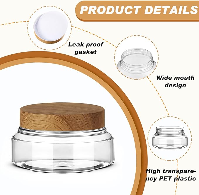 Tessco for you 24 Pack Plastic Jars with Lids Labels Multiuse Slime Containers Empty Body Scrub Jars Round Refillable Cosmetic Body Butter Container for Makeup (5 oz,Clear,Dark Beech)