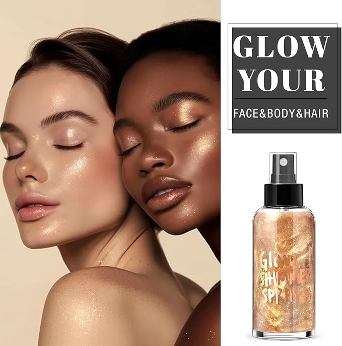 HOSAILY Body Glitter Spray - Champagne Body Shimmer for Face, Hair & Body, Moisturizing Luminizer Glow Illuminator, Quick-Drying Sparkling Glitter Spray Liquid Highlighter Makeup (#03)
