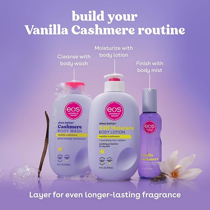 eos 24H Moisture Travel Body Lotion- Vanilla Cashmere, Travel Size Essential, Toiletries, Mini Body Lotion For Dry Skin, 2.5 fl oz (Pack of 2)