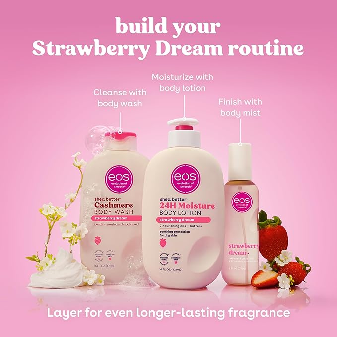 eos Strawberry Dream Scent Layering Bundle - Body Wash, Body Mist, Body Lotion