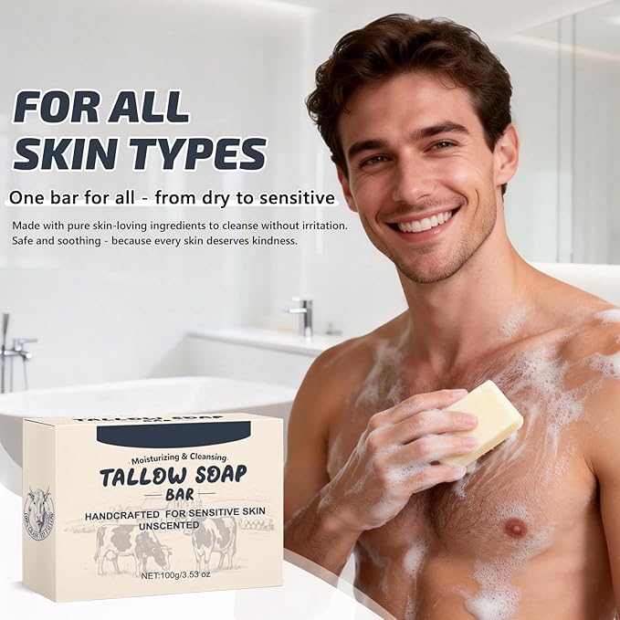 Beef Tallow Soap Bar, All Natural and Organic Grass Fed Tallow Soap, Moisturizing Face & Body Wash for Dry, Itchy, Sensitive Skin, Deep Cleansing Handmade Bath Soap for Adults, Kids - 1 Pack