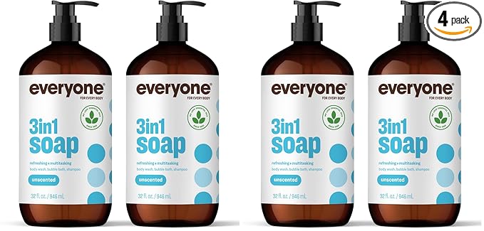 Everyone 3-in-1 Soap,Body Wash,Bubble Bath,Shampoo,32 Ounce,Unscented,made for Men and Women,(Pack of 4)