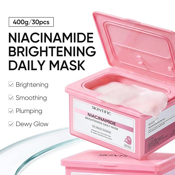 SKINTIFIC Niacinamide Brightening Daily Sheet Mask, 10-Min Facial Mask with Tranexamic Acid & Rice Extract, Hydrating & Smoothing for Even Tone and Radiant-Looking Skin (400g,30 sheets)