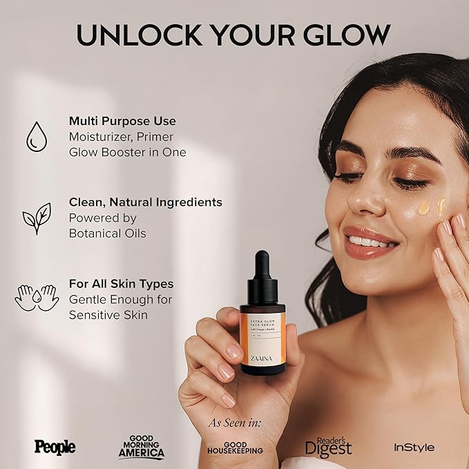 ZAAINA Extra Glow Face Oil Serum - Natural Ayurvedic Hydrating Glow Face Oil, Moisturizing Lightweight Oil for Dry, Dull & Sensitive Skin, Natural Primer for Makeup for all Skin Types - 1 oz