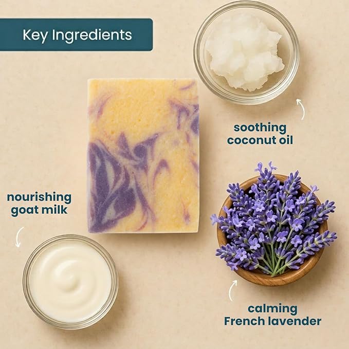 French Lavender Soap Bars (3 Pack) - Goat Milk Soap for Men & Women - Natural, Handmade w/Real Milk - Dry Skin, Hands/Body - Premium, Gentle, No Dyes - (Large, 5oz)
