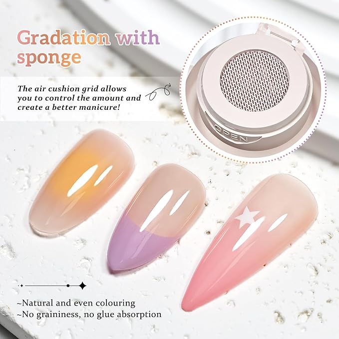JODSONE Cushion Painting Gel Polish Set 6 Colors with 50 PCS Soft Nail Sponges & Grabbing Pen for Ombre Nails Aura Blush & Nails Art Design Nail Art Salon Use at Home