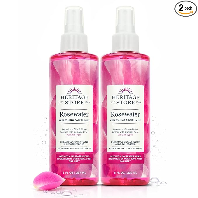 HERITAGE STORE Rosewater 2-Pack - Refreshing Face Mist w/Damask Rose, All Skin Types - Hydrating Rose Water Spray for Glowing Skin, No Dyes or Alcohol, Hypoallergenic, Vegan, 60-Day Guarantee, 8oz ea
