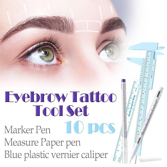 Teling 10 Pcs Eyebrow Ruler tools set 2 Eyebrow Measuring Ruler kit 4 Microblading White Skin Marker Pen 4 Paper Permanent Makeup Position Mapping Mark Tools for Artists Skin