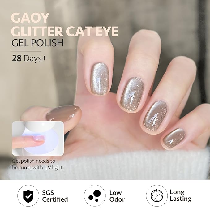 GAOY Glassy Cat Eye Gel Nail Polish, 16ml Glitter Holographic Nail Polish with Magnet, Reflective Translucent UV Gel, 2059 Silver Gray