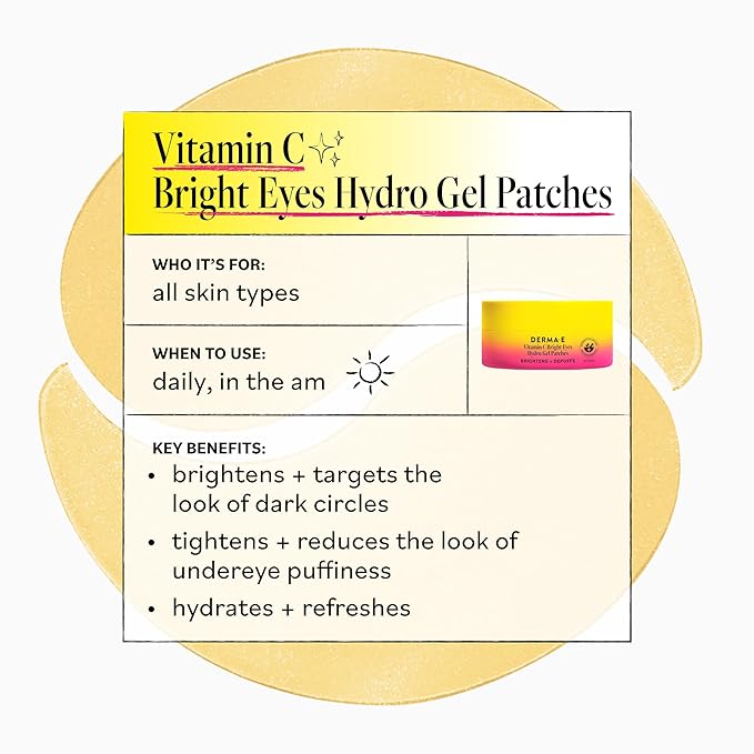 Derma E Vitamin C Bright Eyes Hydro Gel Under Eye Patches for Dark Circles (60 Ct, 30 Pairs) Allantoin, Caffeine & Vitamin B3, Eye Patches for Fine Lines, Wrinkles, Dark Circles & Puffy Eyes