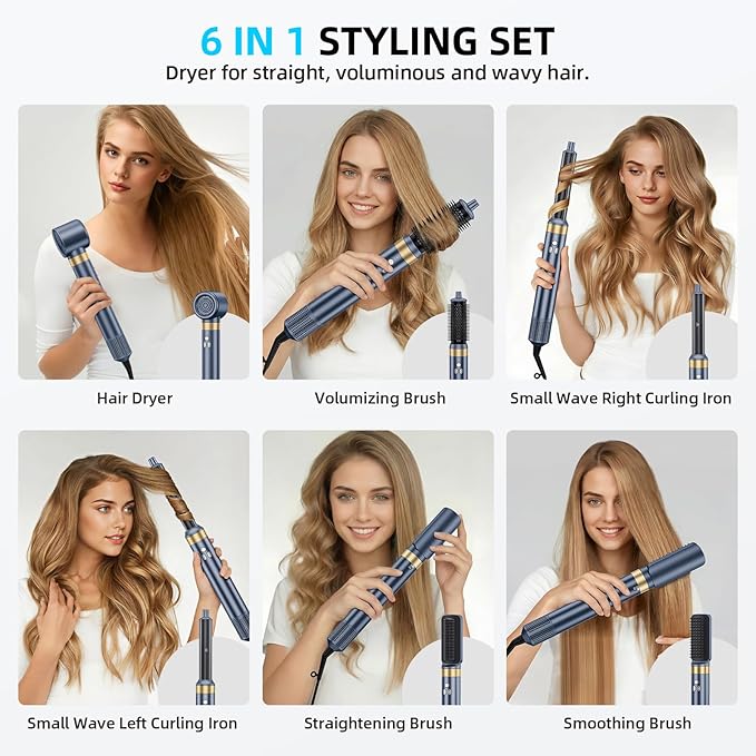 6-in-1 Hot Air Styler & Blow Dryer Brush, Ionic Hair Dryer Volumizer, Multi-Function with Interchangeable Attachments for Curling, Straightening & Fast Drying, Ideal Gift for Women(Gemstone Blue)