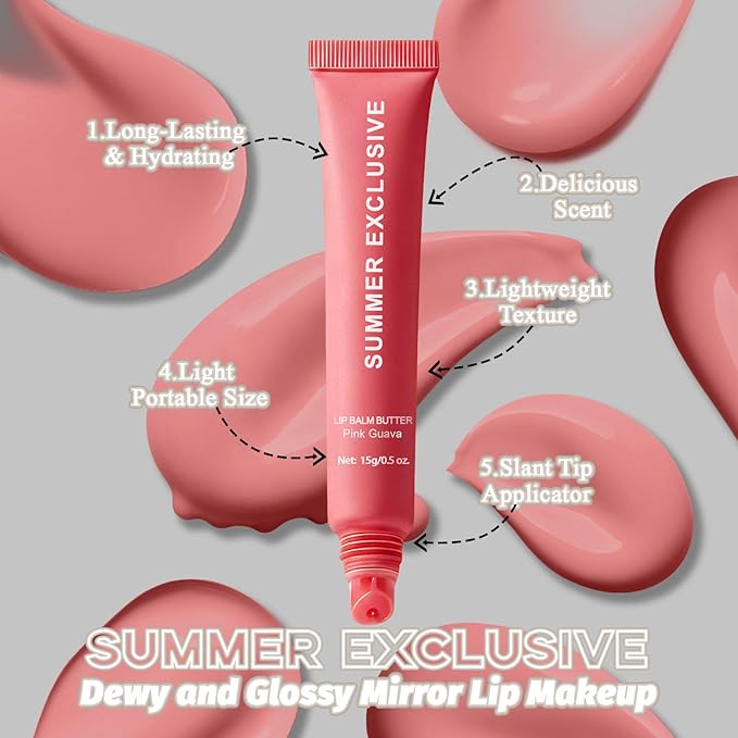 5 Pcs Summer Tinted Lip Balm Butter - Natural Shea Butter & Olive Oil, Lightweight Hydrating & Non-Sticky, Soothes & Softens Dry Chapped Lips, Lip Gloss Gift Set for Girls, 0.5 Fl Oz