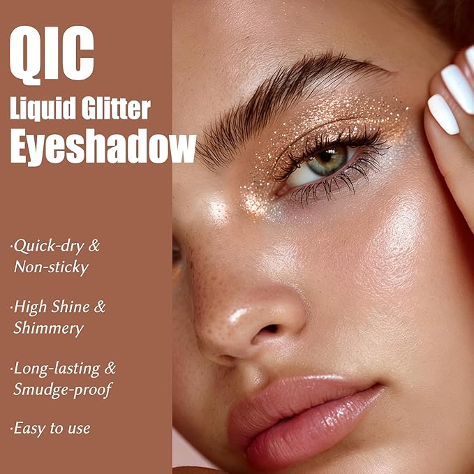 QIC Liquid Glitter Eyeshadow, Metallic & Shimmer Finish, Long Lasting, Non-Creasing, Smudge-proof, Lightweight Formula Liquid Eyeshadow for All Skin Tones, Buildable Color (04 Sunset)