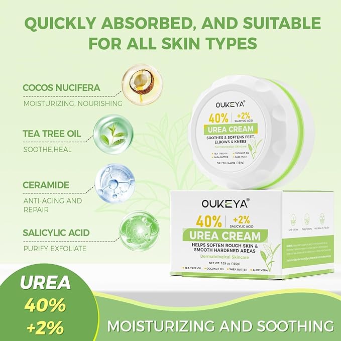 OUKEYA 40 Percent Urea Foot Cream,with Salicylic Acid,Tea Tree Oi & Ceramides,Cracked Heel Smooth | Dry Skin Exfoliator | Nourishes | For Foot,Hands, Elbows, Knees 5.29 Oz