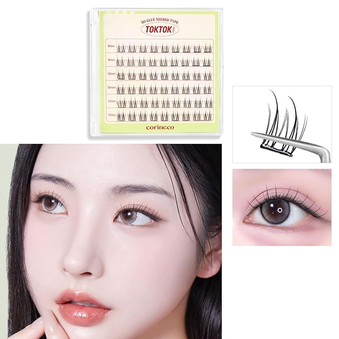 CORINGCO Toktok Hara Light Self Adhesive False Eyelashes, Natural Look, No Glue Needed, Assorted Set of 9/10/11mm, Reusable Lash Clusters Kbeauty - Sharp