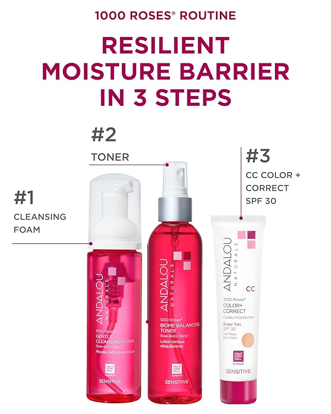 Andalou Naturals 1000 Roses CC Color + Correct with SPF 30, Sheer Tan, 2-in-1 Face Sunscreen + CC Cream for Sensitive Skin, Helps Correct Uneven Skin Tone, Reef Safe Sunscreen, 2 Fl Oz