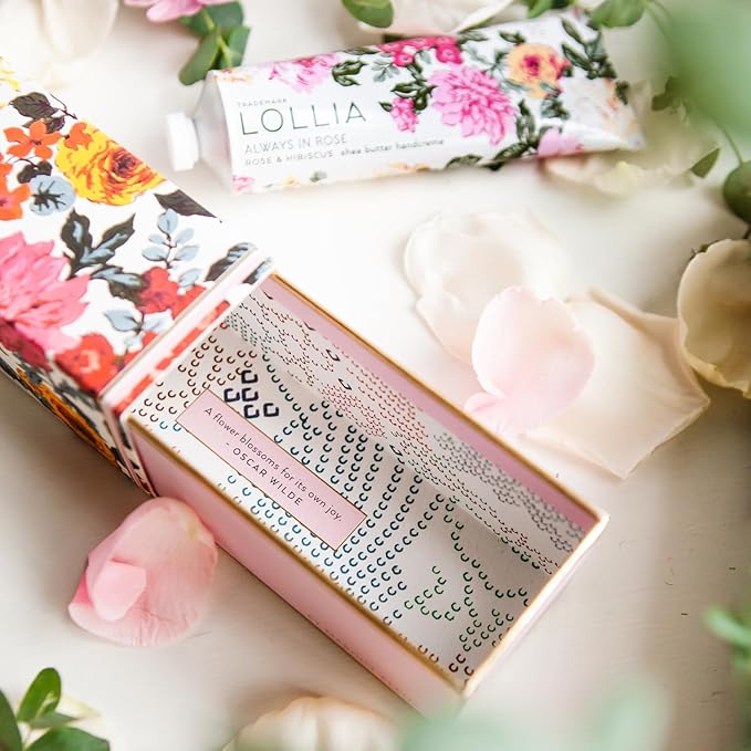 LOLLIA Always In Rose Hydrating Handcreme, 4 oz./113 g, Luxury Moisturizing Rose & Hibiscus Scented Hand Cream, Lotion for Women for Soft Skin, Everyday Purse Essentials