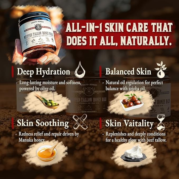 Organic Beef Tallow for Skin - 4 OZ (Pack of 3) — US-Made Grass Fed Beef Tallow for Face + Body — Whipped Tallow and Honey Balm Moisturizer for Dry and Sensitive Skin, Eczema, Rosacea (No Additives)