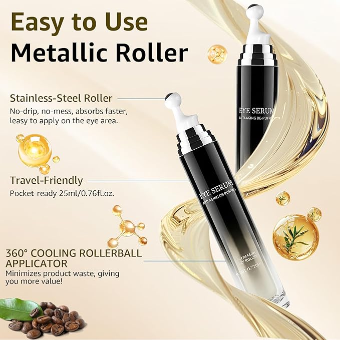 Eye Cream 360°Massage Roller, Caffeine and Under Eye Serum Roller for Dark Circles Puffiness Bags- Retinol, Peptides Reduce Wrinkles Fine Lines, Brightens, Formula Upgraded, 0.76fl oz
