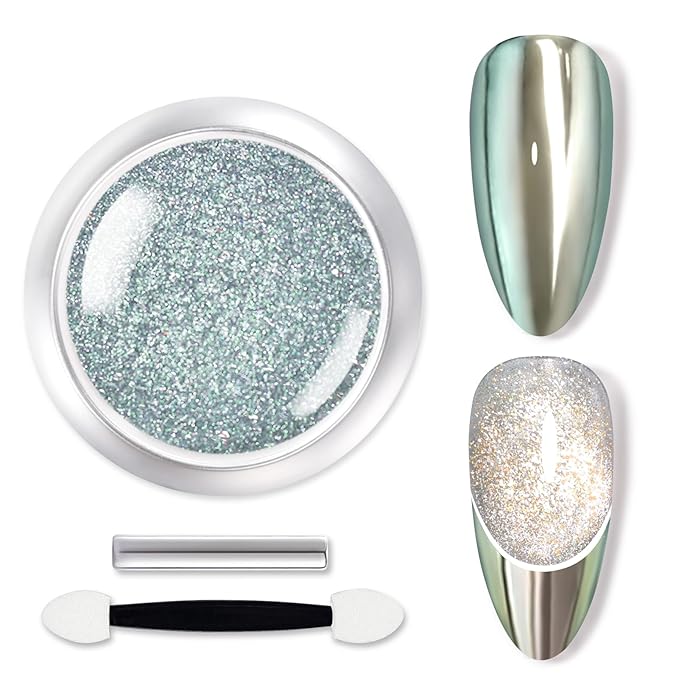 Born Pretty Green Chrome Nail Powder Super Glossy Mirror Effect Metallic Nail Powder Cat Magnetic Eye Nail Powder Nail Glitter Manicure Pigments for Nail Art Design