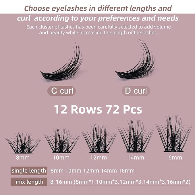 QUEWEL Cluster Lashes 72 Pcs Wide Stem Individual Lashes C/D Curl 8-16mm Length DIY Eyelash Extension False Eyelashes Fluffy02 Styles Soft for Personal Makeup Use at Home (Fluffy02-D-MIX8-16)