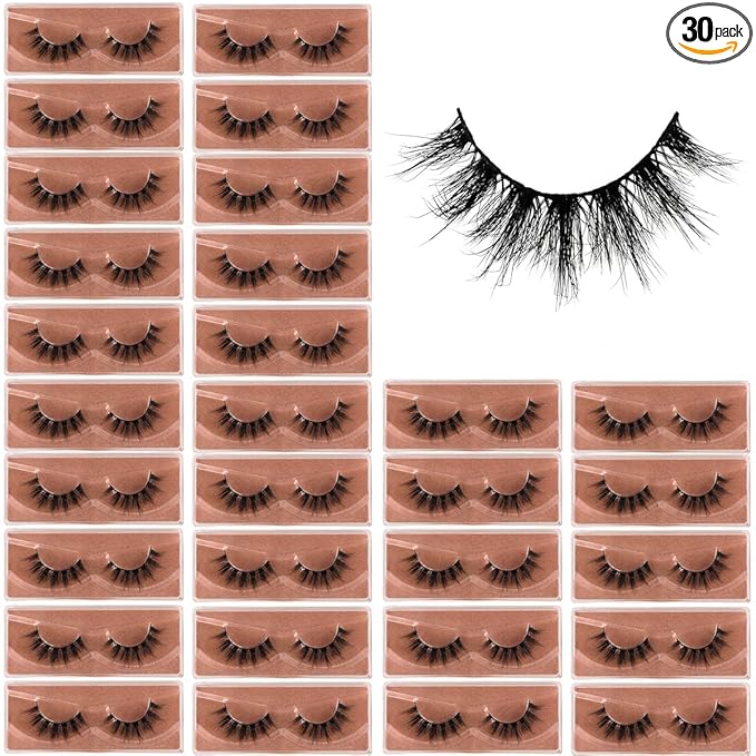 APCYUST Lashes Mink Bulk 30 Pair Wholesale Lashes 5D Fluffy Eyelashes Wholesale Faux Mink Eyelashes Natural Medium Length Fake Lash with Portable Pack (Spiky 30 Pairs)