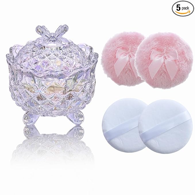 5 Pieces Large Body Powder Puff and Powder Container, Crystal Case for Dust Puff, Powder applicator with Box for Face and Body (Glitter, Butterfly)