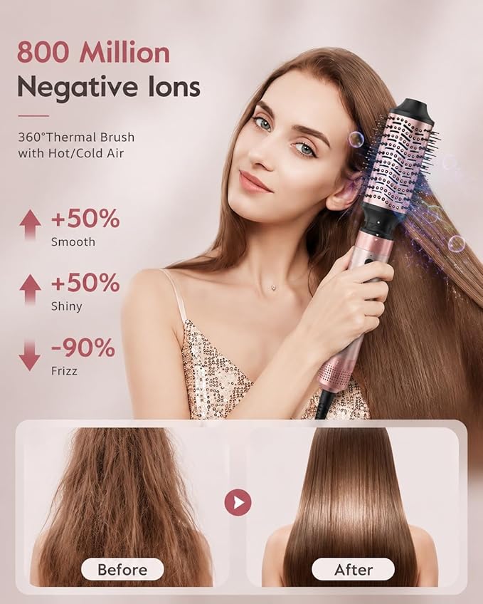 Brightup 5 in 1 Air Styler, 1400W High Speed Hair Dryer Brush, Professional Automatic Hair Curler with Cool Shot Button, 800 Million Ionic, No Heat Damage, with Travel Bag