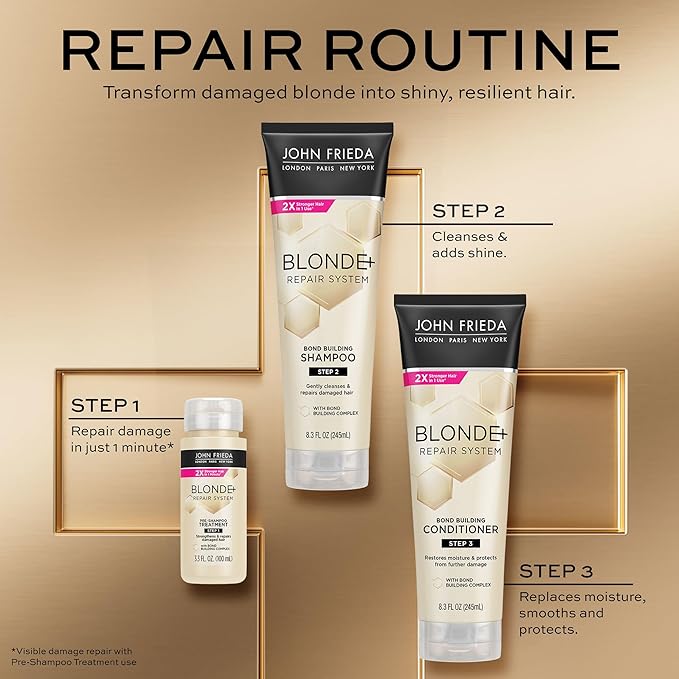John Frieda Blonde+ Hair Repair System, Shampoo with Bond Building Complex, Gently Cleanses and Repairs Damaged Hair, Step 2 of Hair Repair System, 8.3 Oz