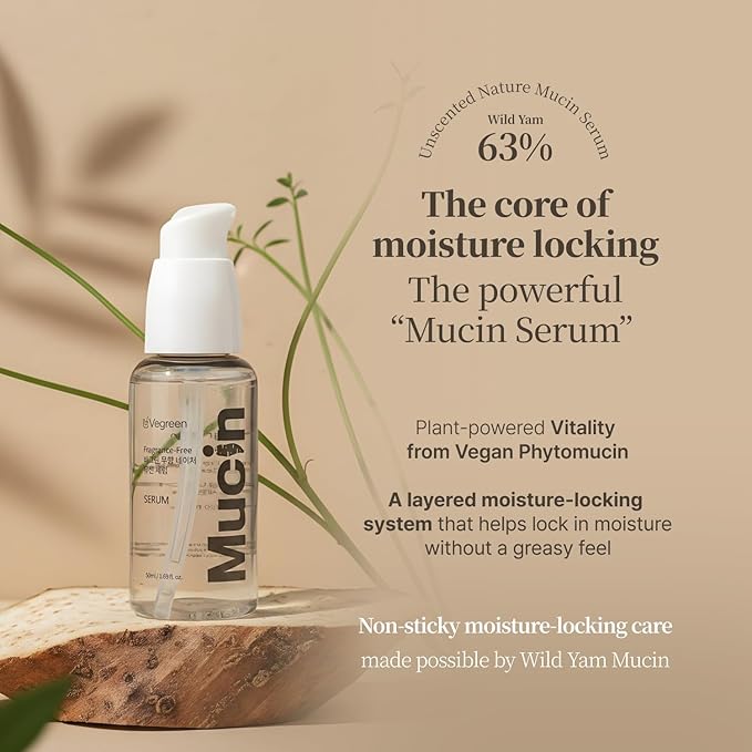 VEGREEN Vegan Nature Mucin Serum with 63% Wild Yam Phyto Mucin & Peptides - Korean Skincare for Barrier Repair & Intense Hydration - Non-Sticky, Cruelty-Free Soothing Face Serum, 1.69 fl oz