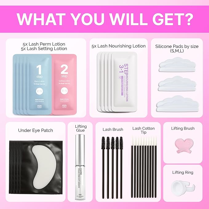 Korean Lash Lift Kit - 5 Sets At Home Eyelash Perm Kit with Upgraded Glue, Eyelash Lift, DIY Lash Perm Easy for Beginner & Professional, Semi Permanent Perming Wave Suitable For Salon & Home