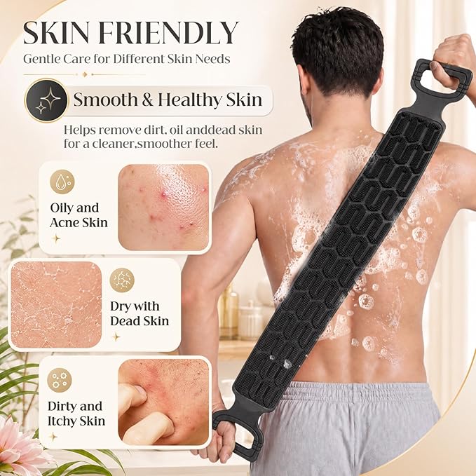 Manmihealth Silicone Back Scrubber for Shower 2 Pack, 33.8'' Exfoliating Body Scrubber with Long Strap Handle, Dual-Sided Extendable Back Washer for Men and Women (Black+Pink)