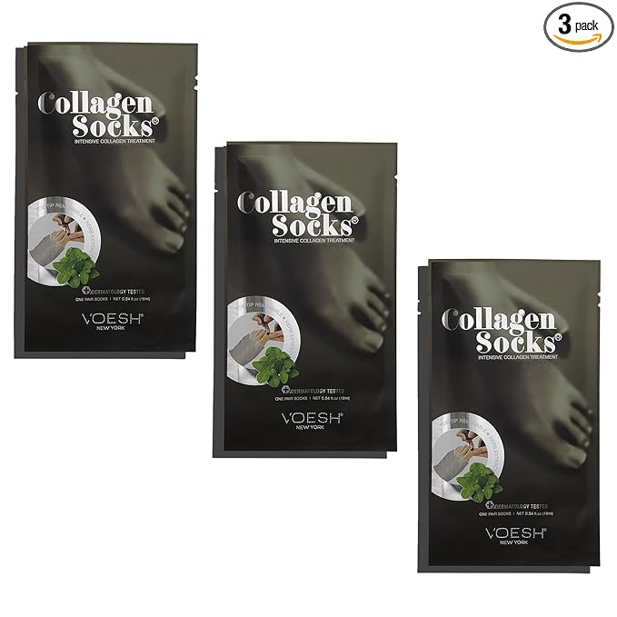 VOESH Collagen Socks, Collagen Socks for Dry Feet, 3 Pack, Peppermint Oil, Cracked Heel Repair, Moisturizing Socks, Spa Pedicure Treatment, Spa Socks, Foot Peel Masks, Vegan
